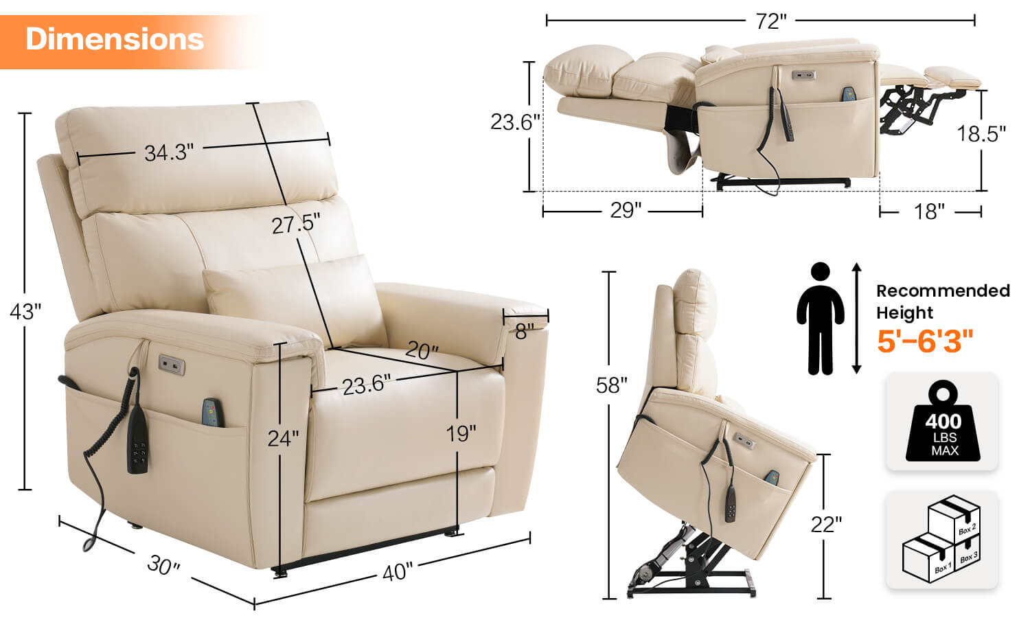 Beige infinite position power recliner chair size, Overall dimensions: 40 x 30 x 43 inches, weight capacity: 400 lbs, ideal height: 5' - 6'3", packed in 3 boxes.