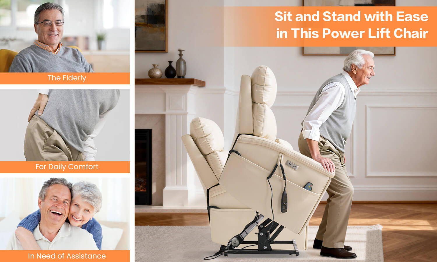 Power lift chair being used by an elderly man in a home setting, ideal for the elderly, anyone in need of assistance or for daily comfort.