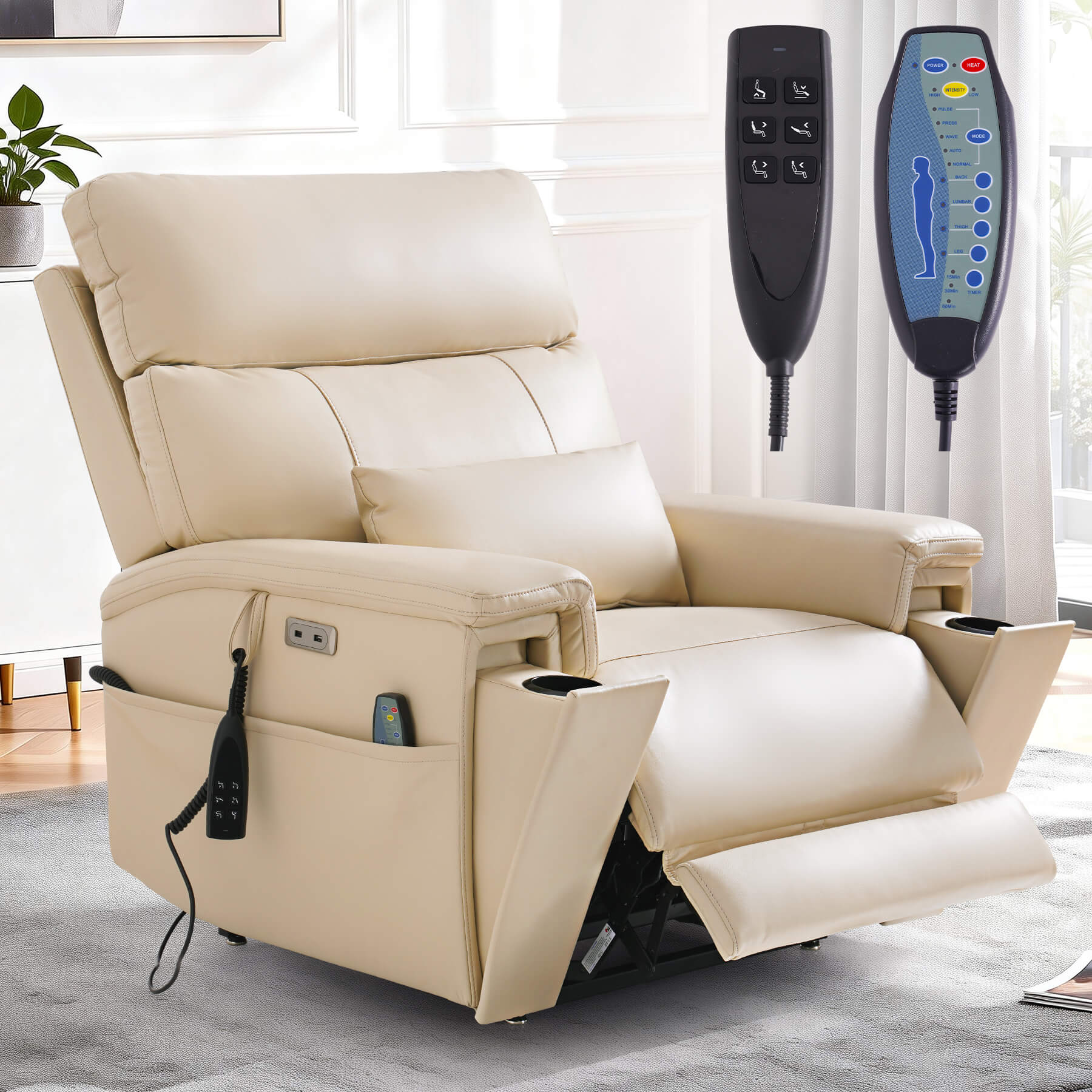 Beige massage recliner chair with a lumbar pillow in a living room, with two remote controls.