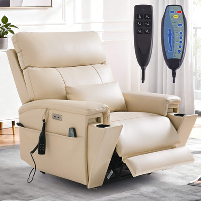 Beige massage recliner chair with a lumbar pillow in a living room, with two remote controls.