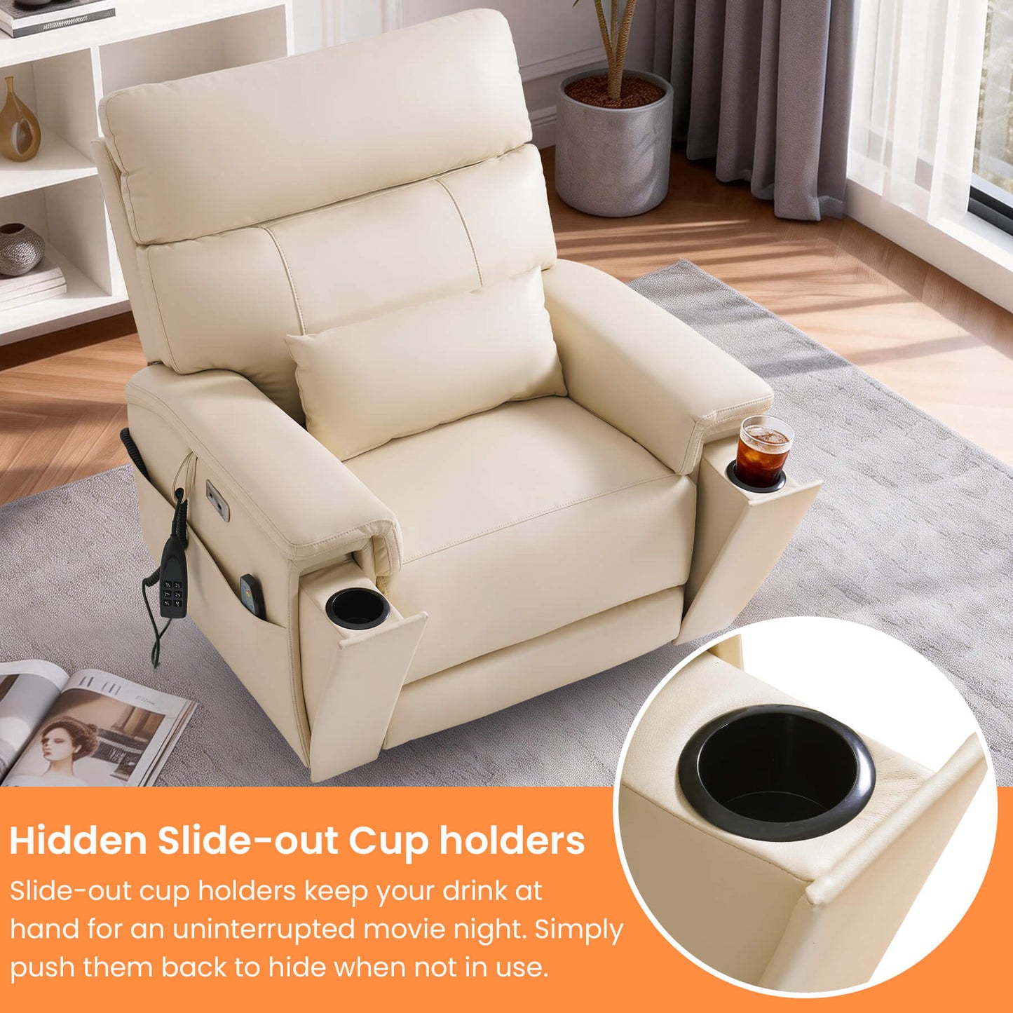 Beige recliner chair with slide-out cup holders in a living room setting.