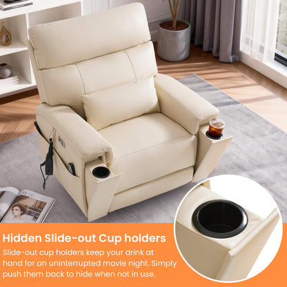 Beige recliner chair with slide-out cup holders in a living room setting.