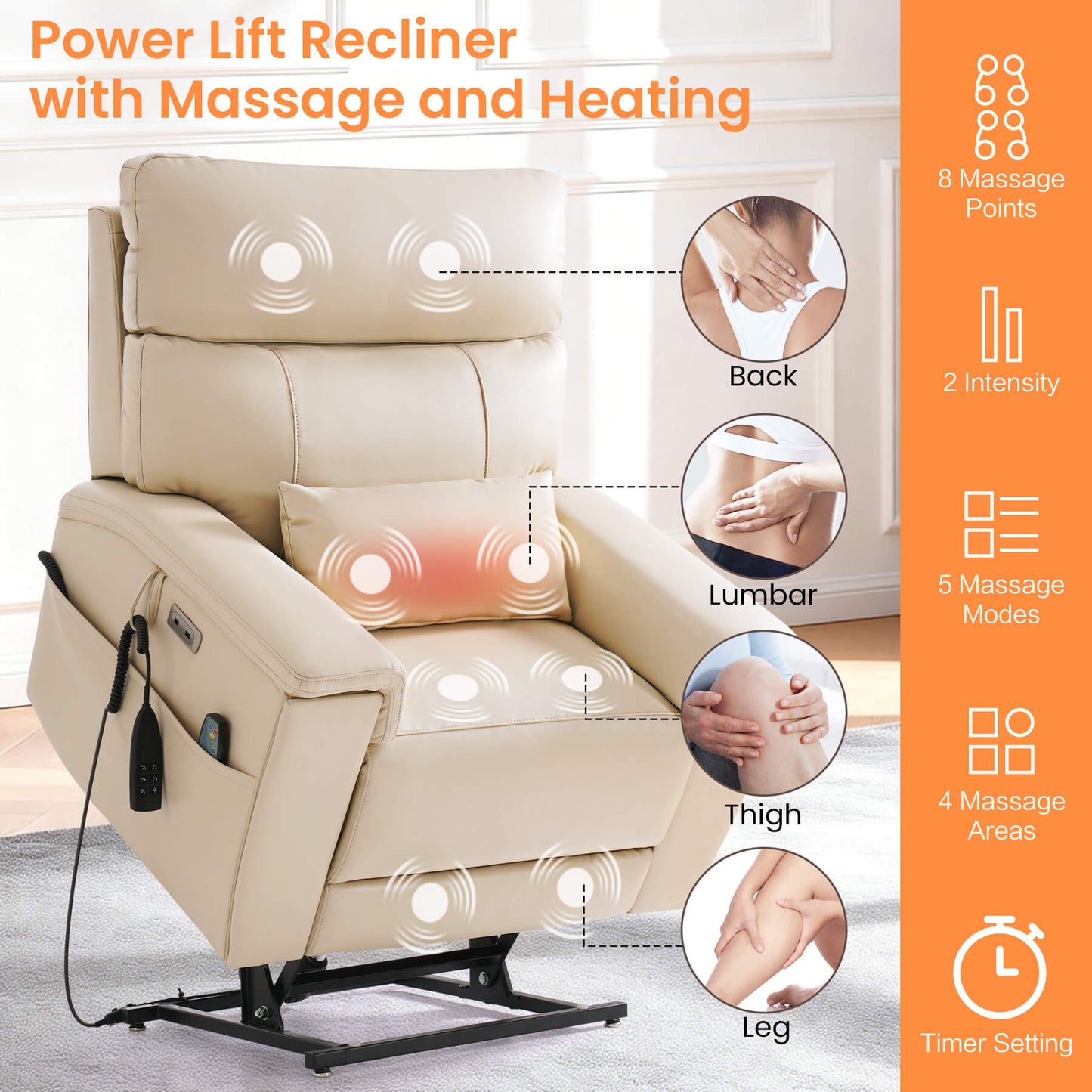 Beige power lift recliner for seniors, with massage and heating features, 2 intensities, 5 massage modes, 4 massage areas, 3 time setting.