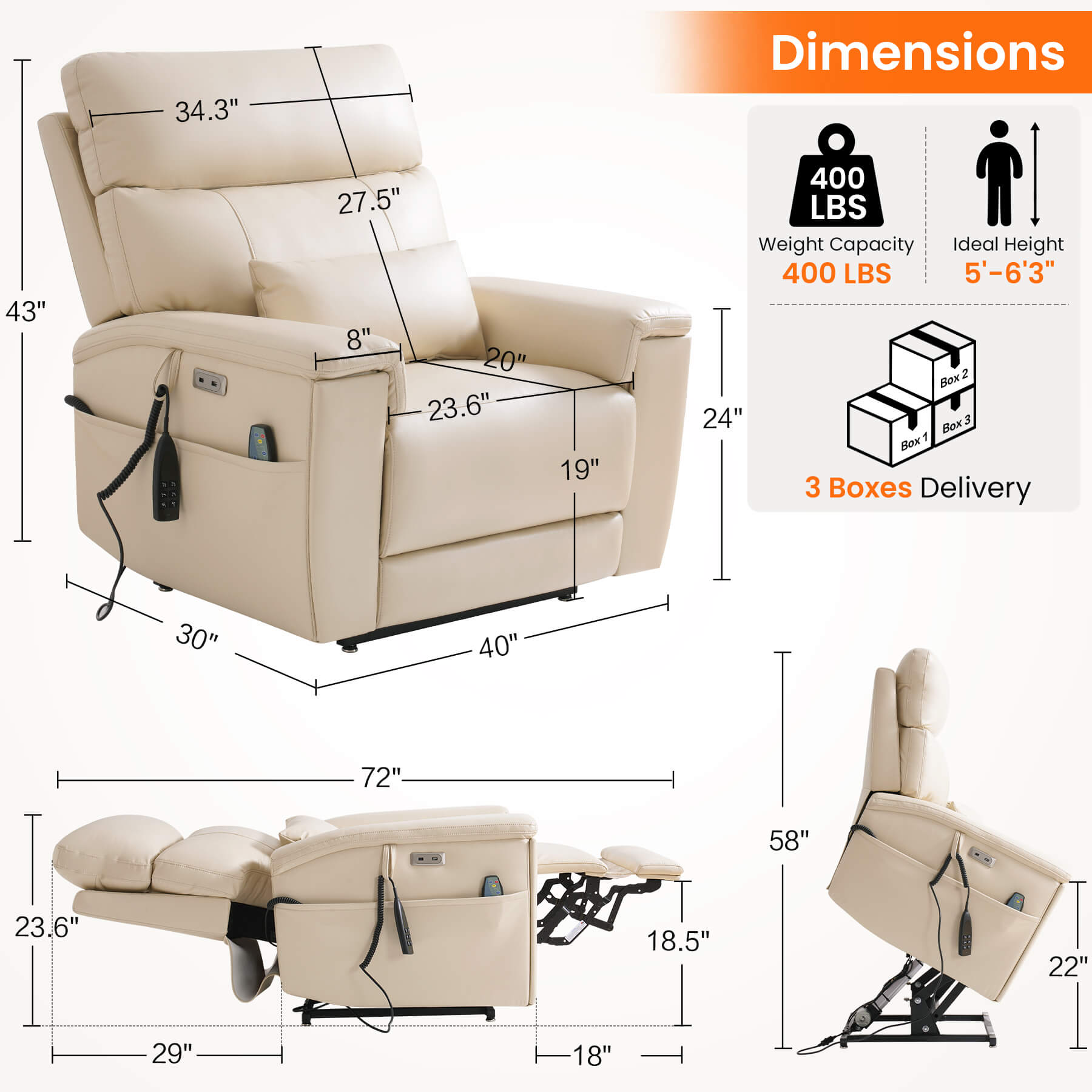 Beige infinite position power recliner chair size, Overall dimensions: 40 x 30 x 43 inches, weight capacity: 400 lbs, ideal height: 5' - 6'3", packed in 3 boxes.