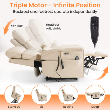 Beige recliner chair with remote control on a white background, highlighting features like triple motor, infinite position(45 to 180 degrees), and adjustable headrest.