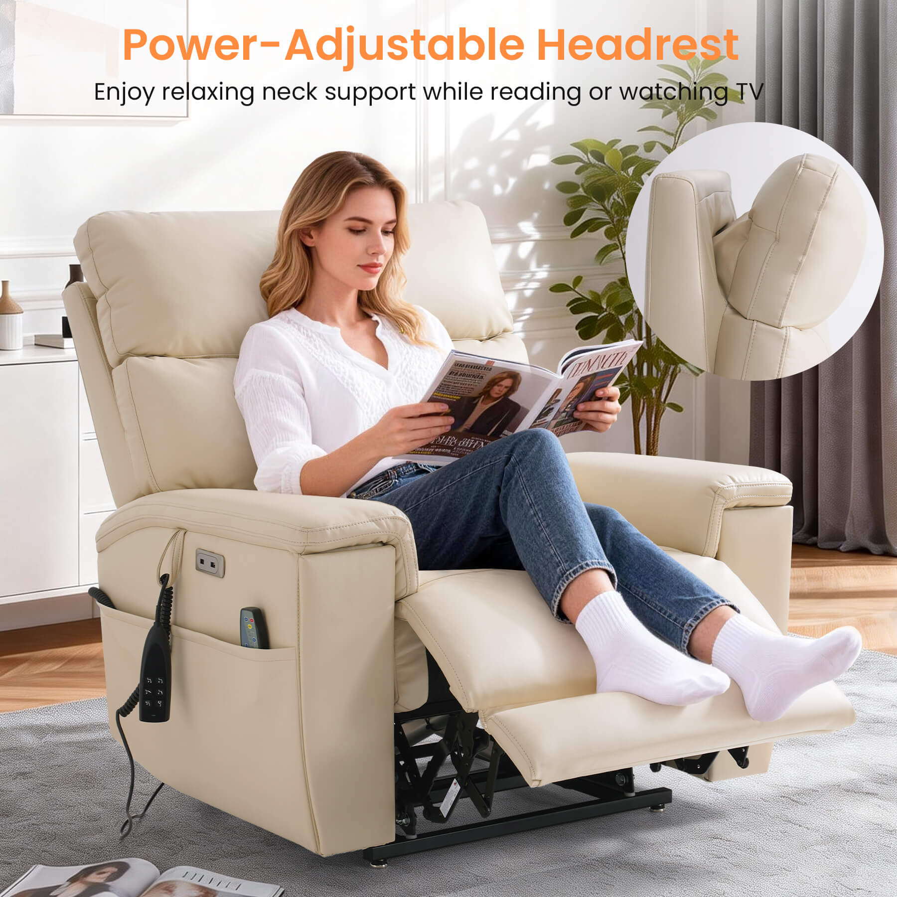 Woman using a power-adjustable headrest recliner in a living room.