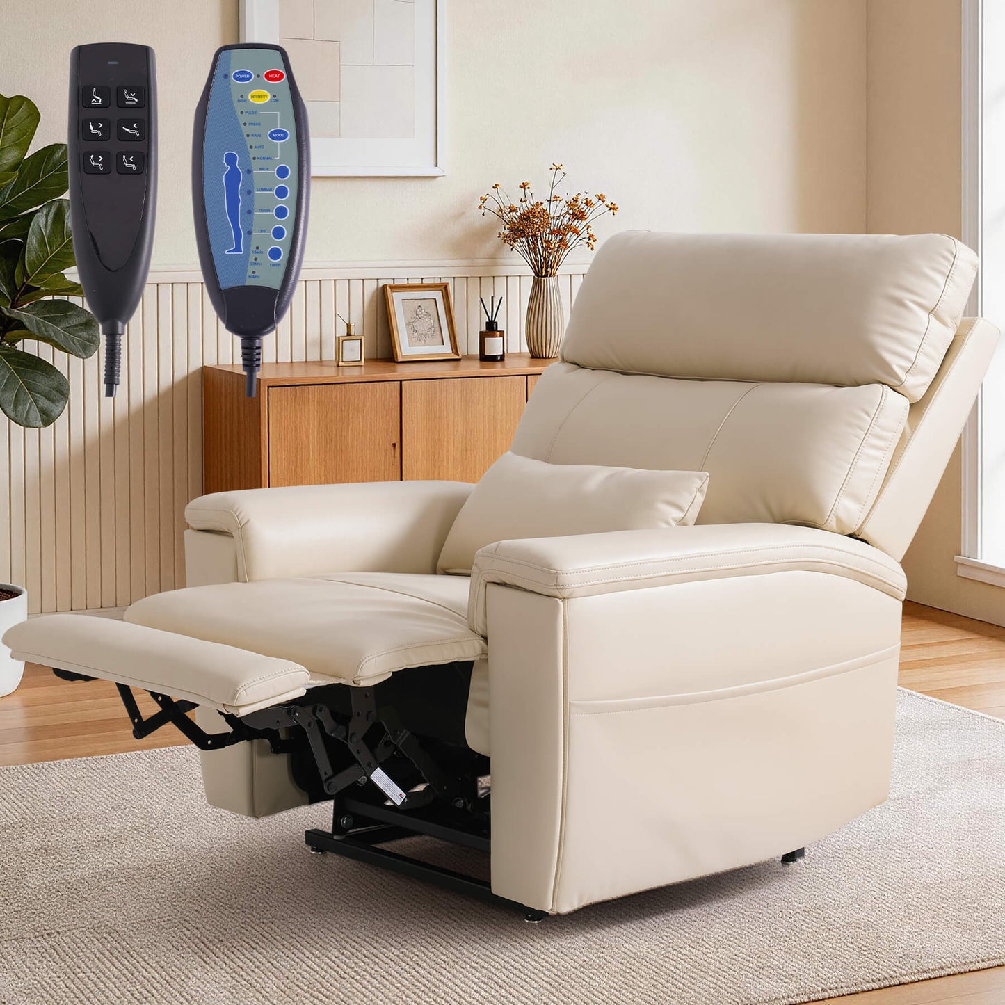 Beige power lift recliner chair with a lumbar pillow in a living room, with two remote controls.