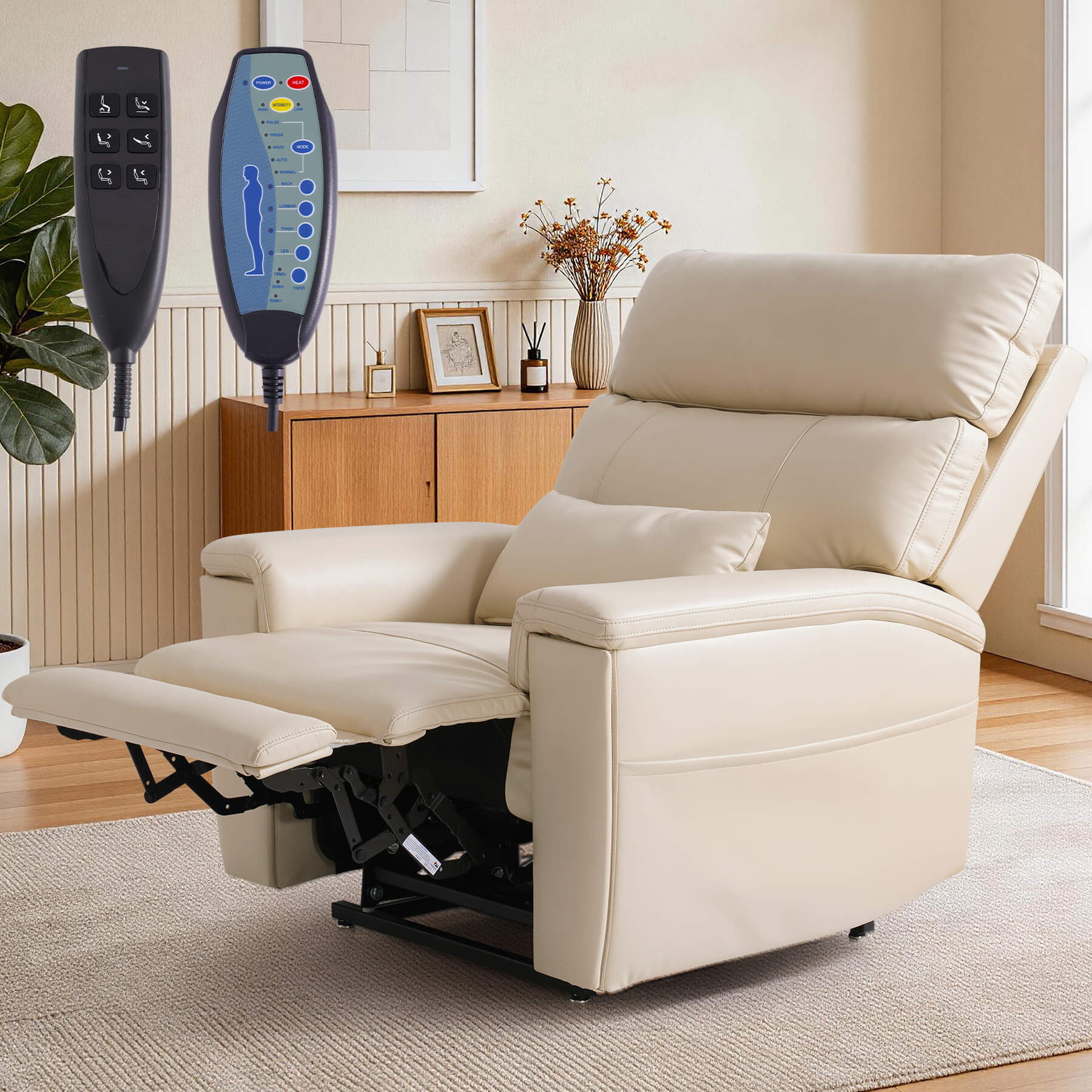 Beige power lift recliner chair with a lumbar pillow in a living room, with two remote controls.