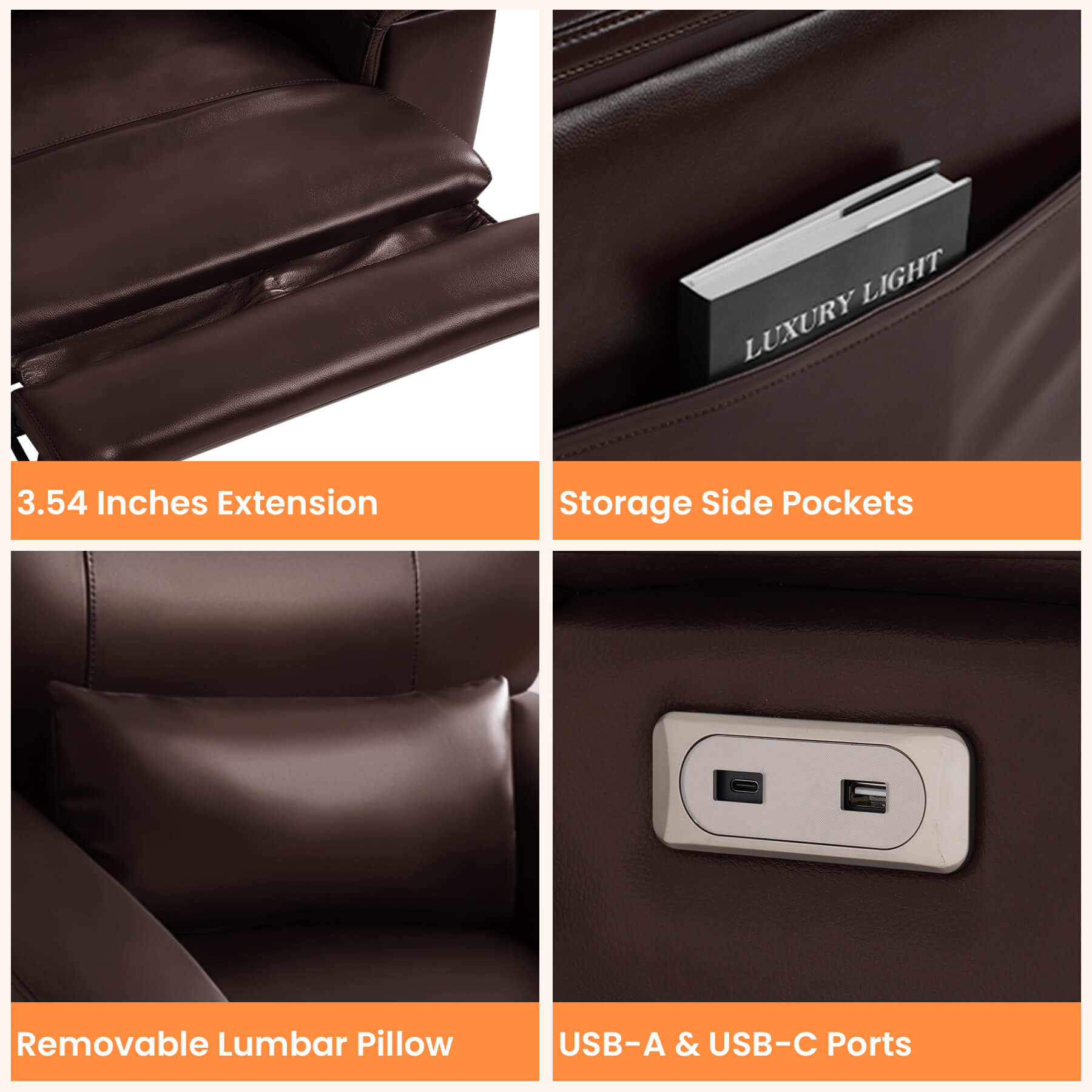 Features of the electric power recliner : 3.54 inches footrest extension, storage side pockets, lumbar pillow, and USB ports.