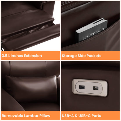 Features of the electric power recliner : 3.54 inches footrest extension, storage side pockets, lumbar pillow, and USB ports.
