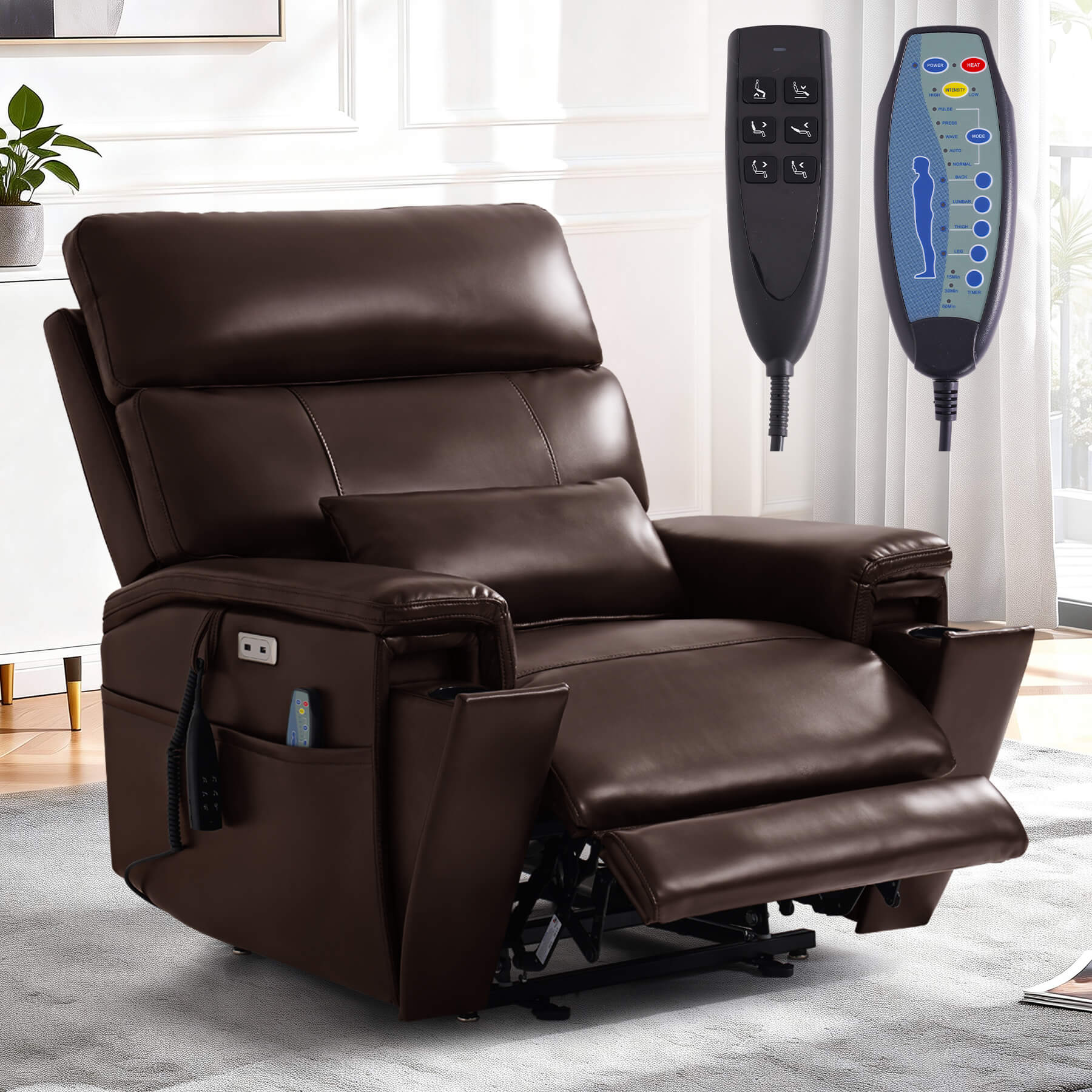Brown massage recliner chair with a lumbar pillow in a living room, with two remote controls.