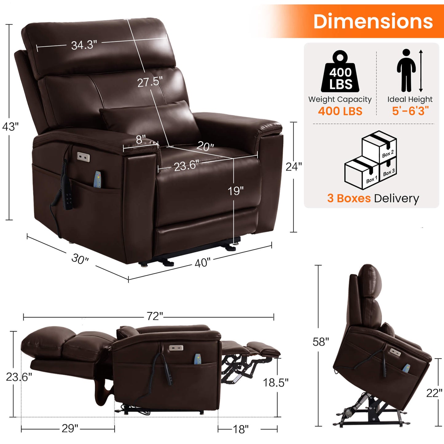Brown infinite position power recliner chair size, Overall dimensions: 40 x 30 x 43 inches, weight capacity: 400 lbs, ideal height: 5' - 6'3", packed in 3 boxes.