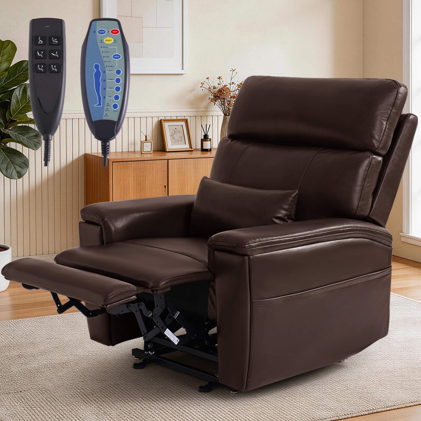 Brown power lift recliner chair with a lumbar pillow in a living room, with two remote controls.