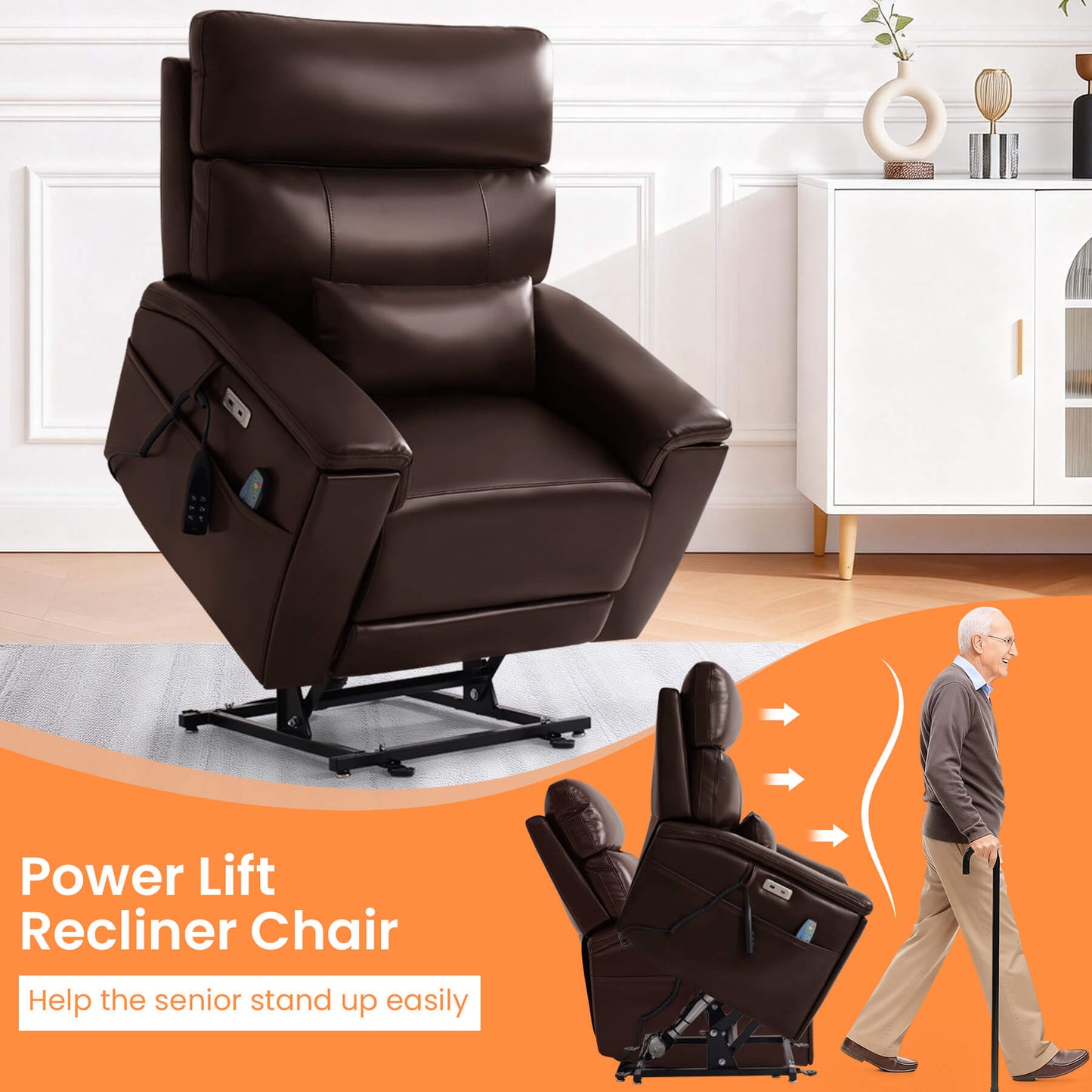 Brown power lift recliner chair helps the senior stand up easily.