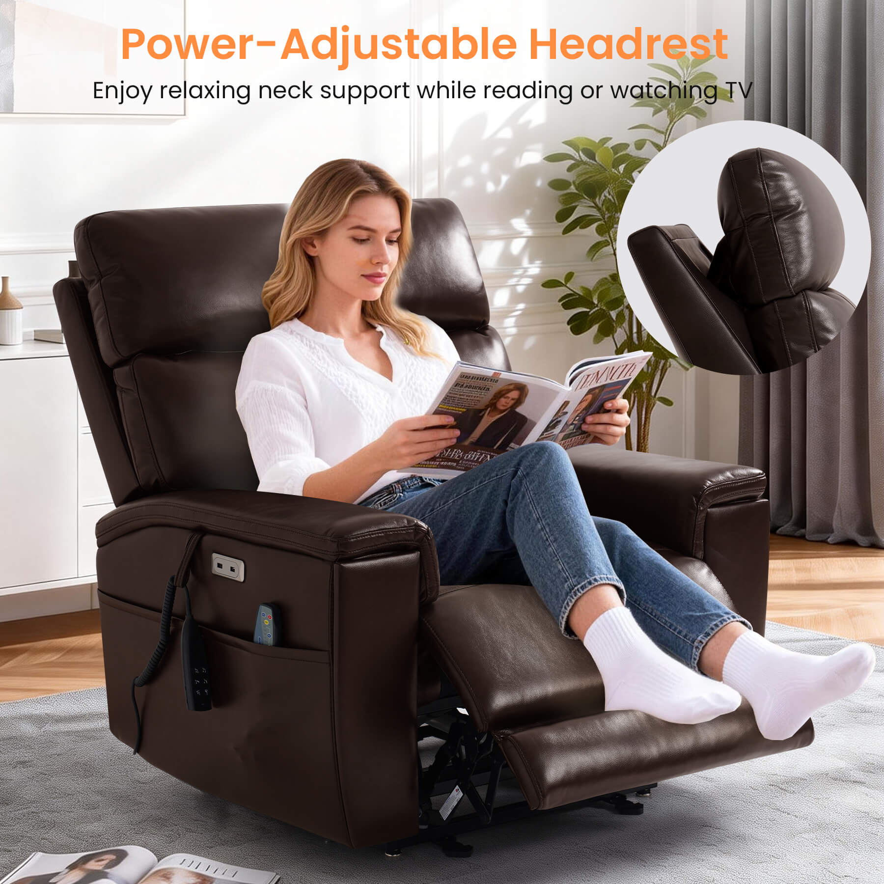 Woman using a power-adjustable headrest recliner in a living room.