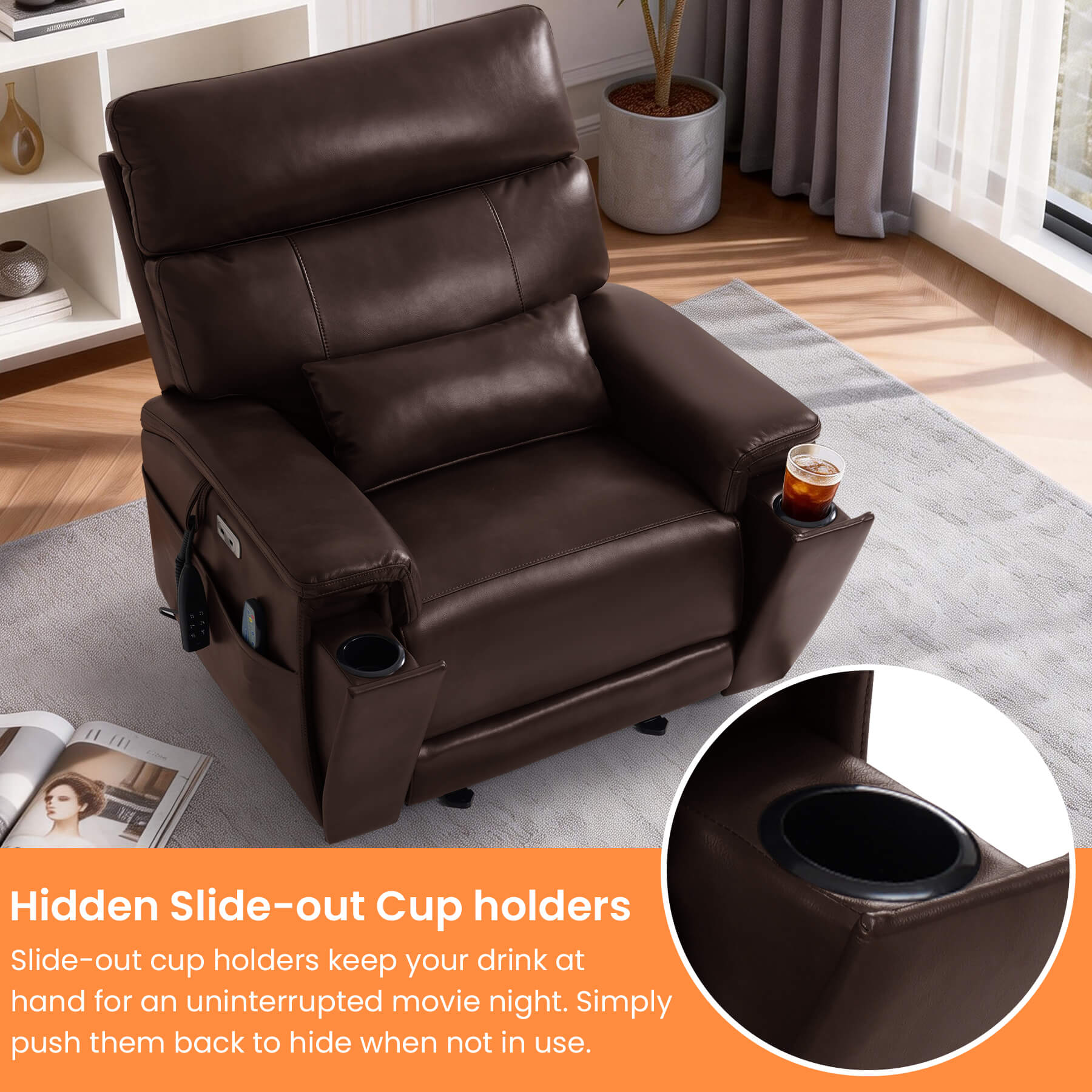 Brown recliner chair with slide-out cup holders in a living room setting.