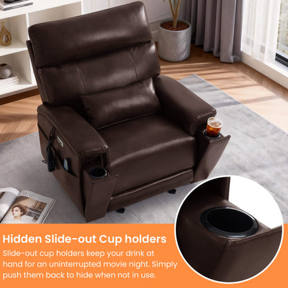 Brown recliner chair with slide-out cup holders in a living room setting.