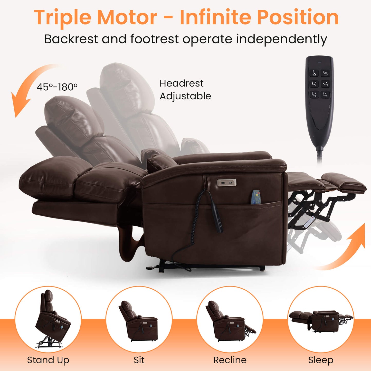 Brown recliner chair with remote control on a white background, highlighting features like triple motor, infinite position(45 to 180 degrees), and adjustable headrest.