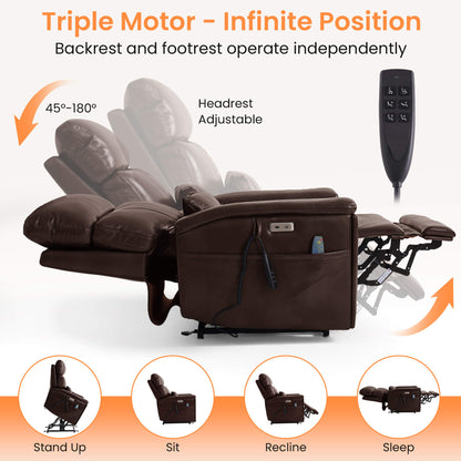 Brown recliner chair with remote control on a white background, highlighting features like triple motor, infinite position(45 to 180 degrees), and adjustable headrest.