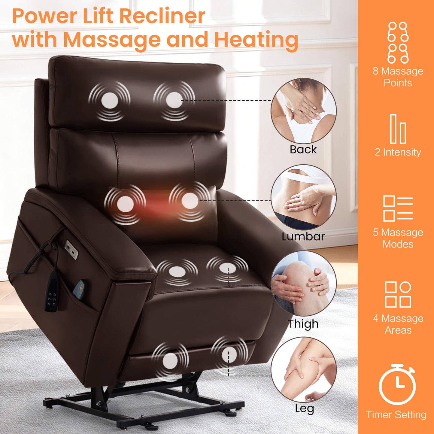 Brown power lift recliner for seniors, with massage and heating features, 2 intensities, 5 massage modes, 4 massage areas, 3 time setting.