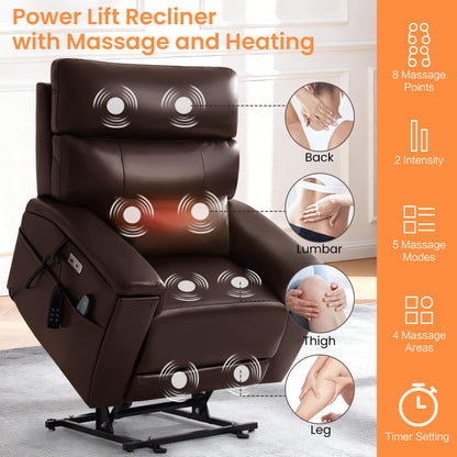 Brown power lift recliner for seniors, with massage and heating features, 2 intensities, 5 massage modes, 4 massage areas, 3 time setting.