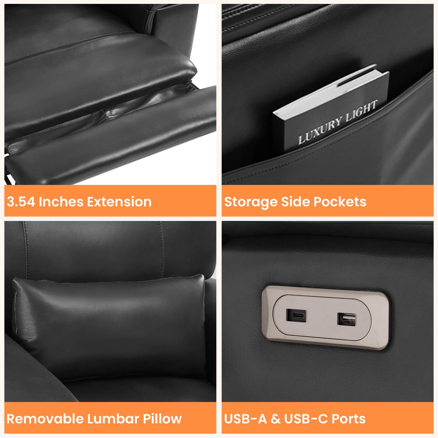 Features of the electric power recliner : 3.54 inches footrest extension, storage side pockets, lumbar pillow, and USB ports.