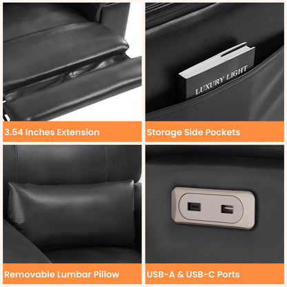 Features of the electric power recliner : 3.54 inches footrest extension, storage side pockets, lumbar pillow, and USB ports.
