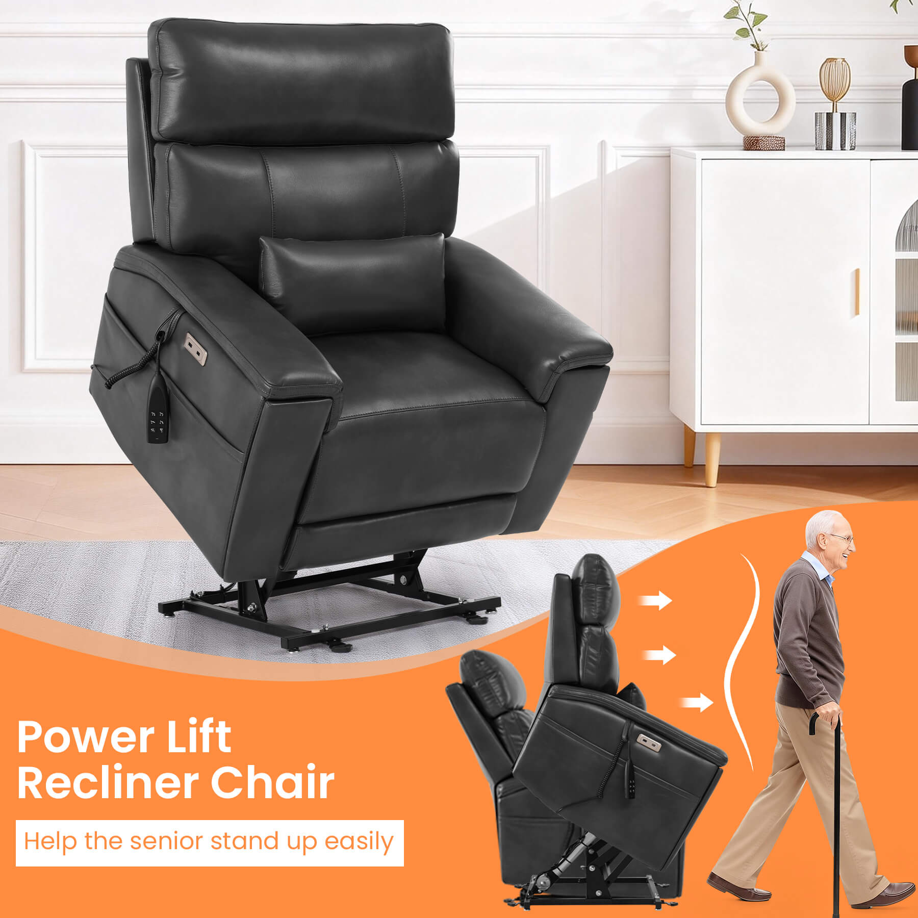 Gray power lift recliner chair helps the senior stand up easily.