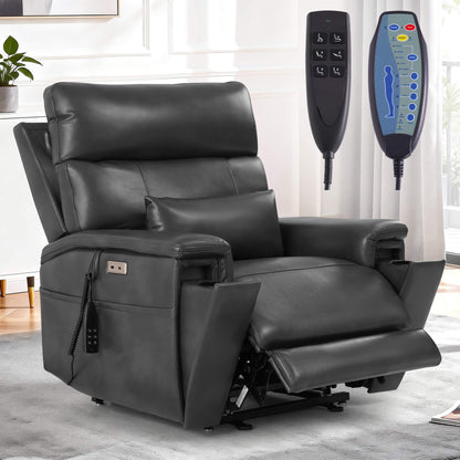 Gray massage recliner chair with a lumbar pillow in a living room, with two remote controls.
