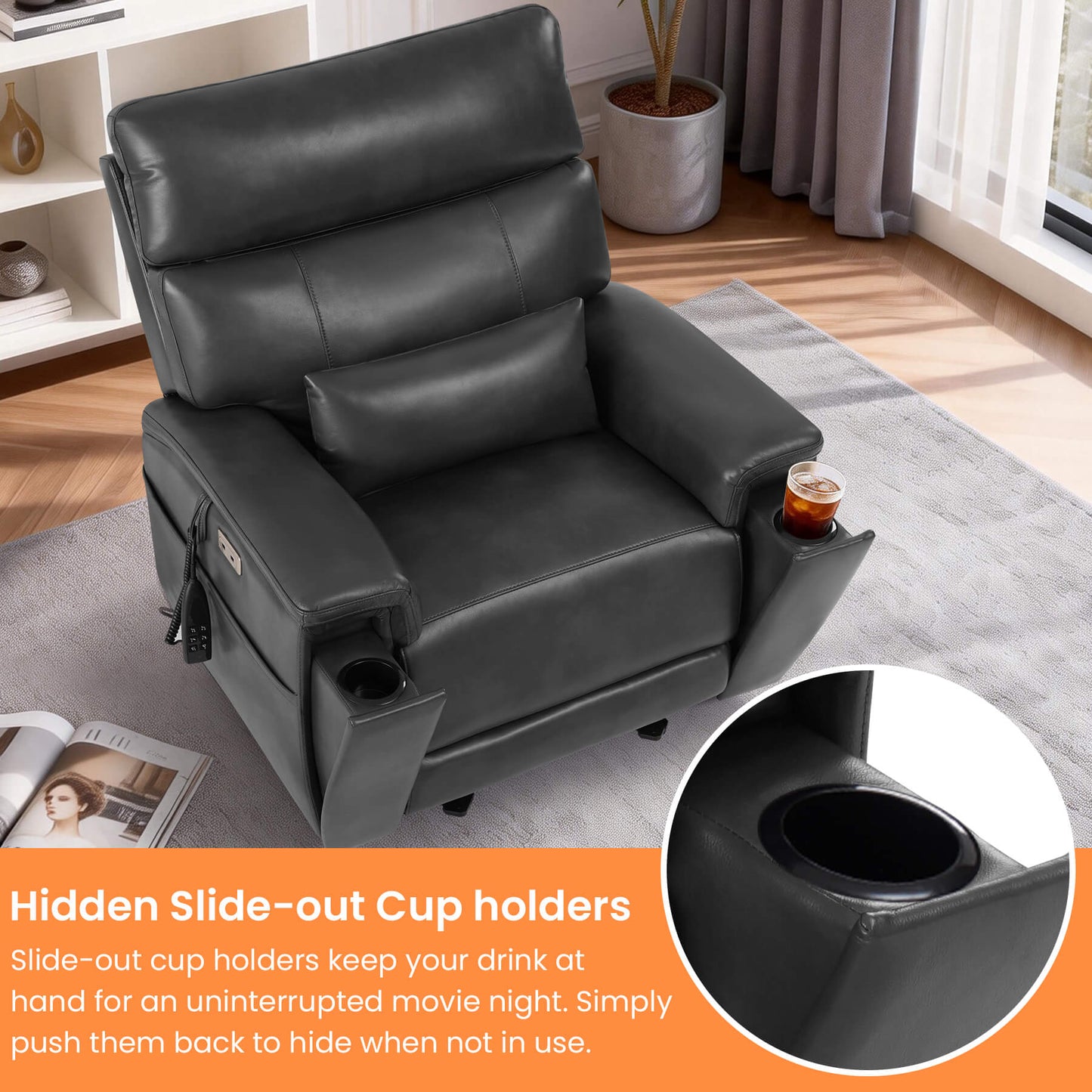 Gray recliner chair with slide-out cup holders in a living room setting.