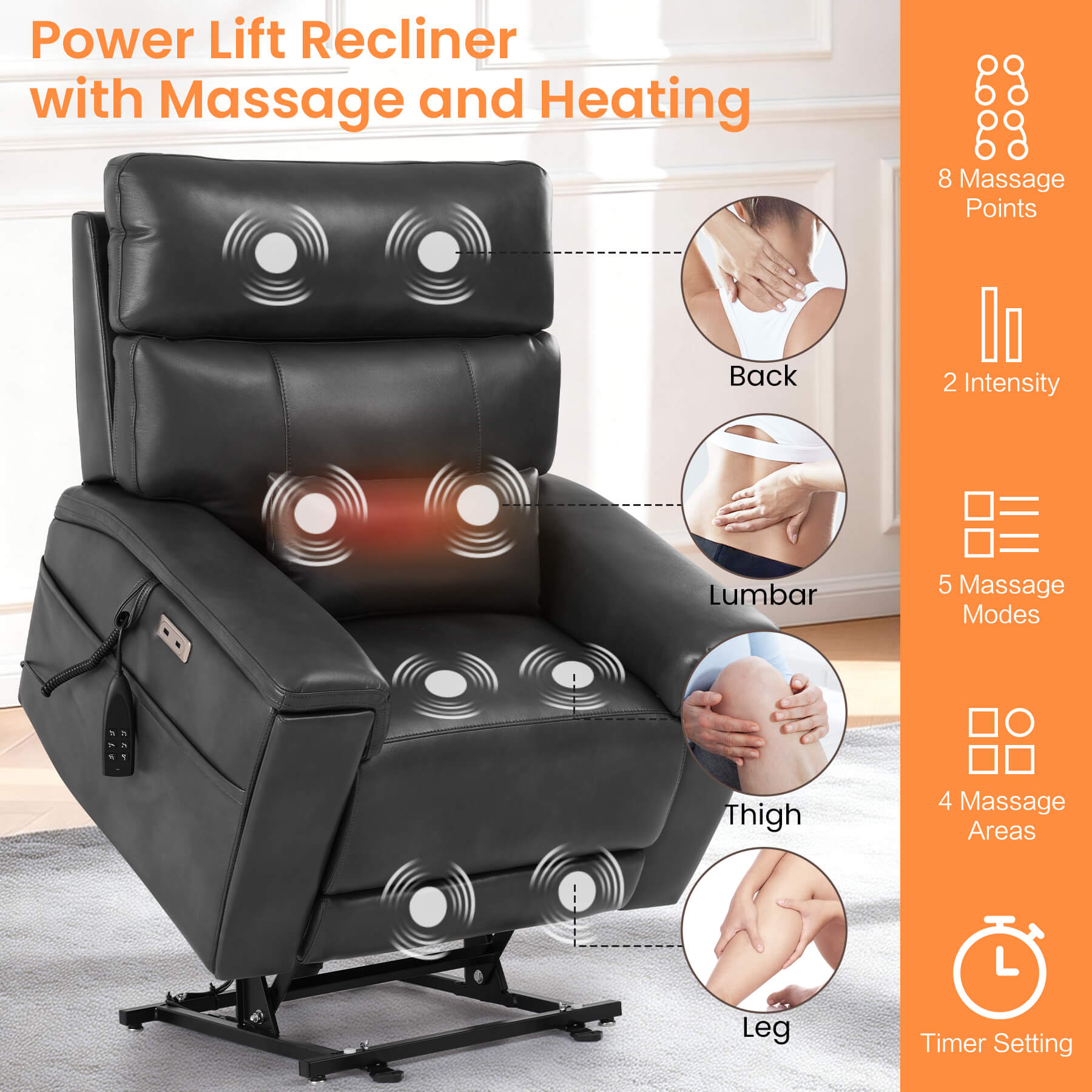Gray power lift recliner for seniors, with massage and heating features, 2 intensities, 5 massage modes, 4 massage areas, 3 time setting.