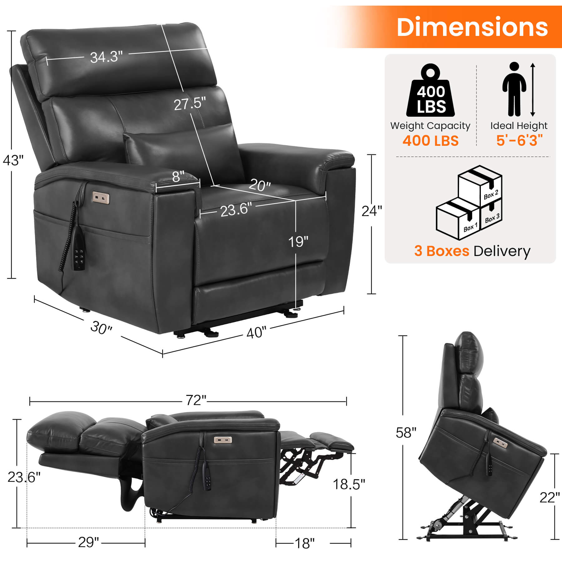 Gray infinite position power recliner chair size, Overall dimensions: 40 x 30 x 43 inches, weight capacity: 400 lbs, ideal height: 5' - 6'3", packed in 3 boxes.