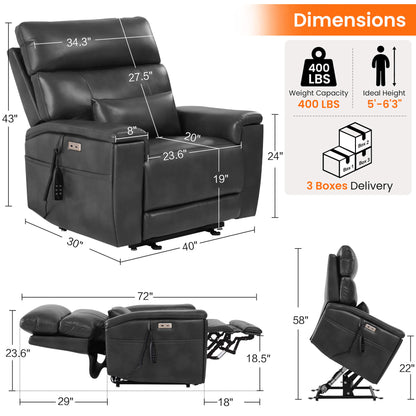 Gray infinite position power recliner chair size, Overall dimensions: 40 x 30 x 43 inches, weight capacity: 400 lbs, ideal height: 5' - 6'3", packed in 3 boxes.