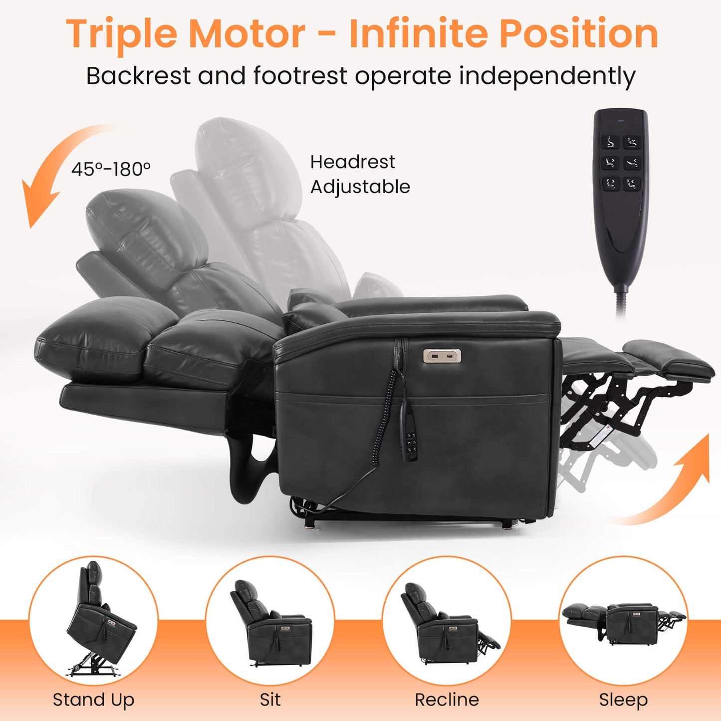 Gray recliner chair with remote control on a white background, highlighting features like triple motor, infinite position(45 to 180 degrees), and adjustable headrest.