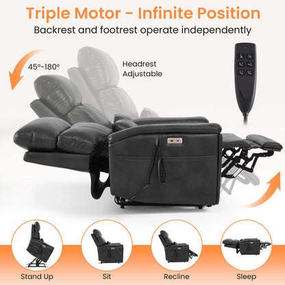 Gray recliner chair with remote control on a white background, highlighting features like triple motor, infinite position(45 to 180 degrees), and adjustable headrest.