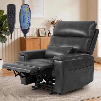 Gray power lift recliner chair with a lumbar pillow in a living room, with two remote controls.