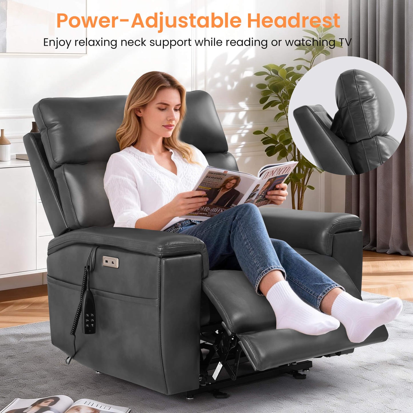 Woman using a power-adjustable headrest recliner in a living room.