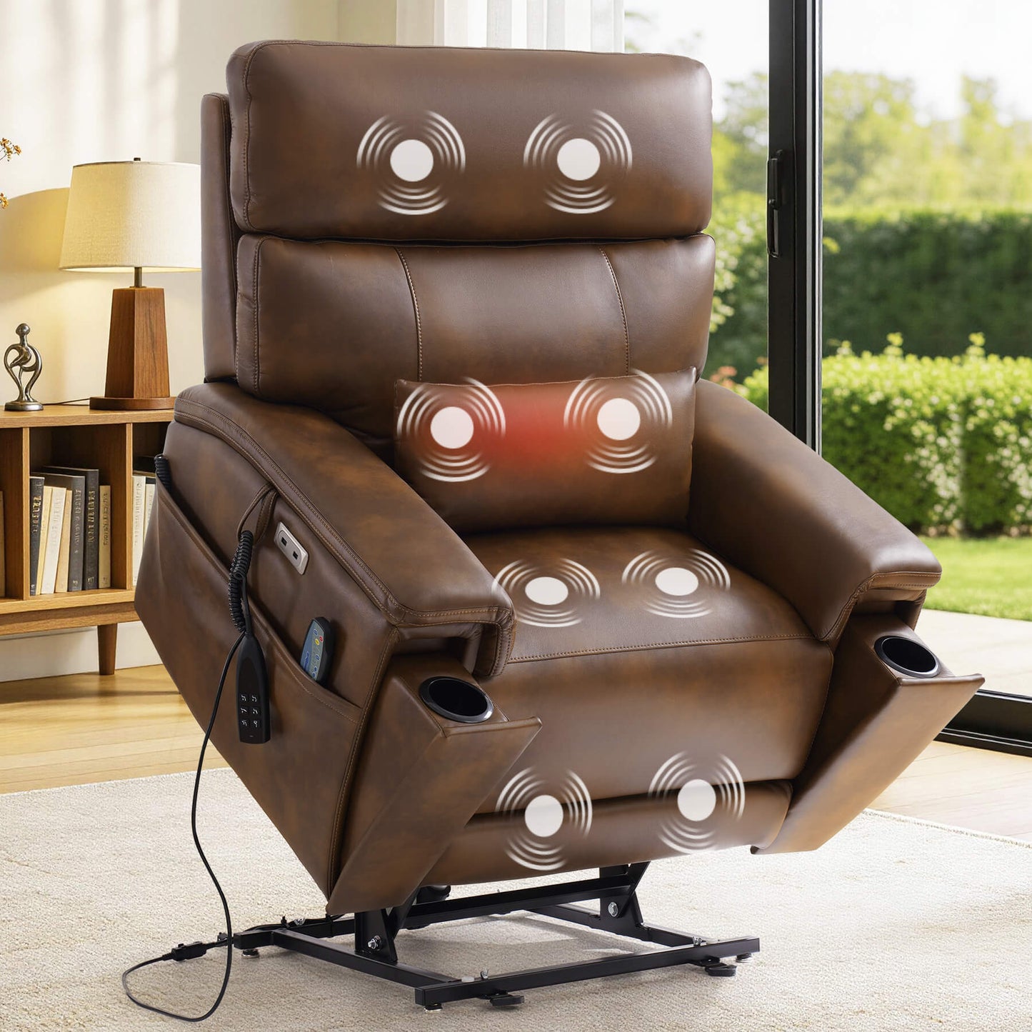Ochre leather power lift recliner chair with hidden cup holders in a living room setting.