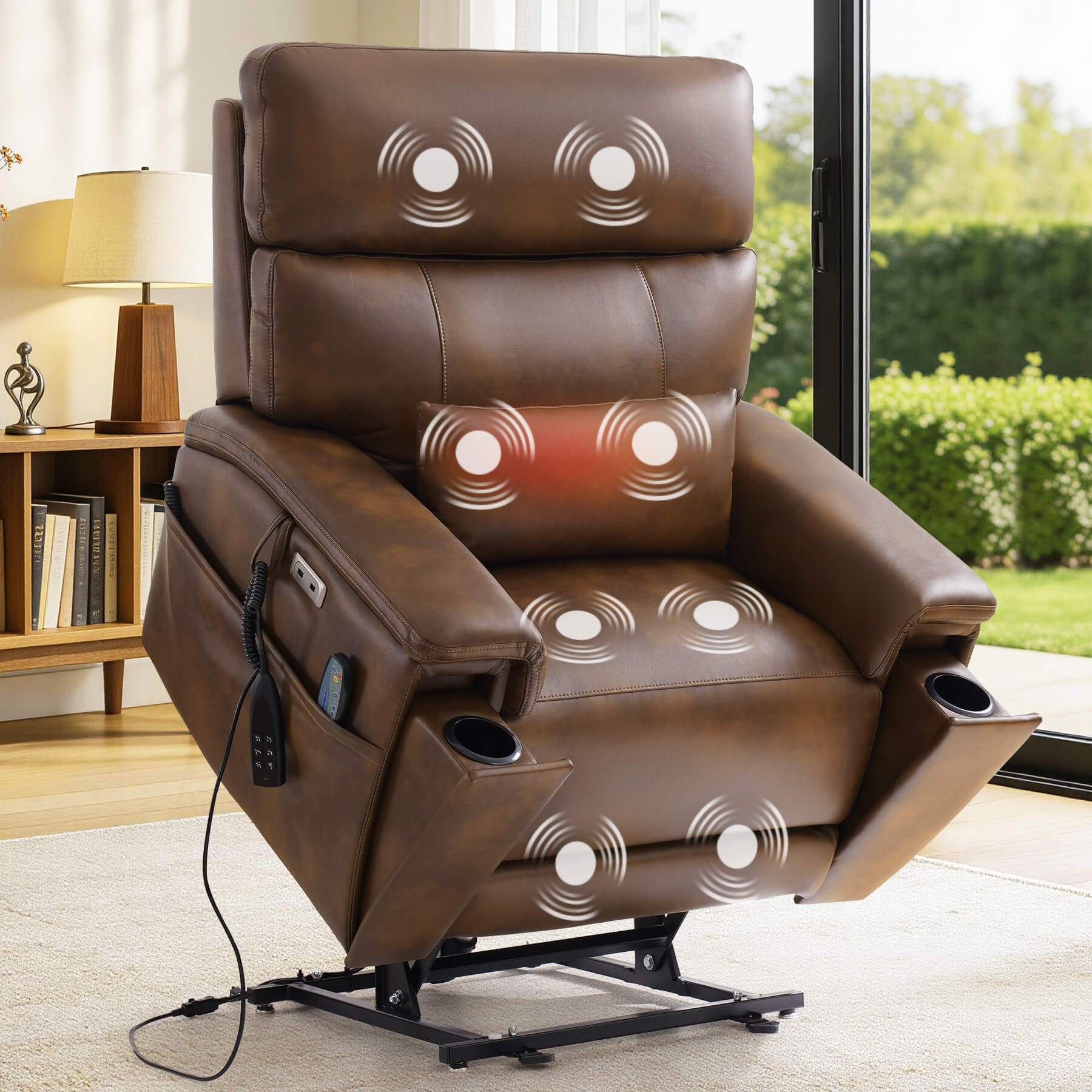 Ochre leather power lift recliner chair with hidden cup holders in a living room setting.
