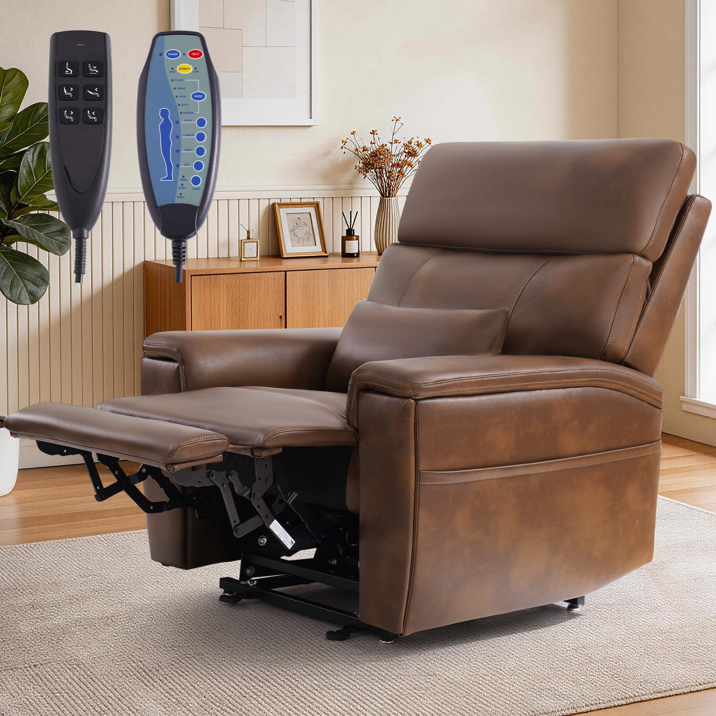 Ochre power lift recliner chair with a lumbar pillow in a living room, with two remote controls.