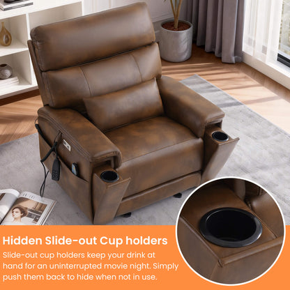 Light Brown recliner chair with slide-out cup holders in a living room setting.