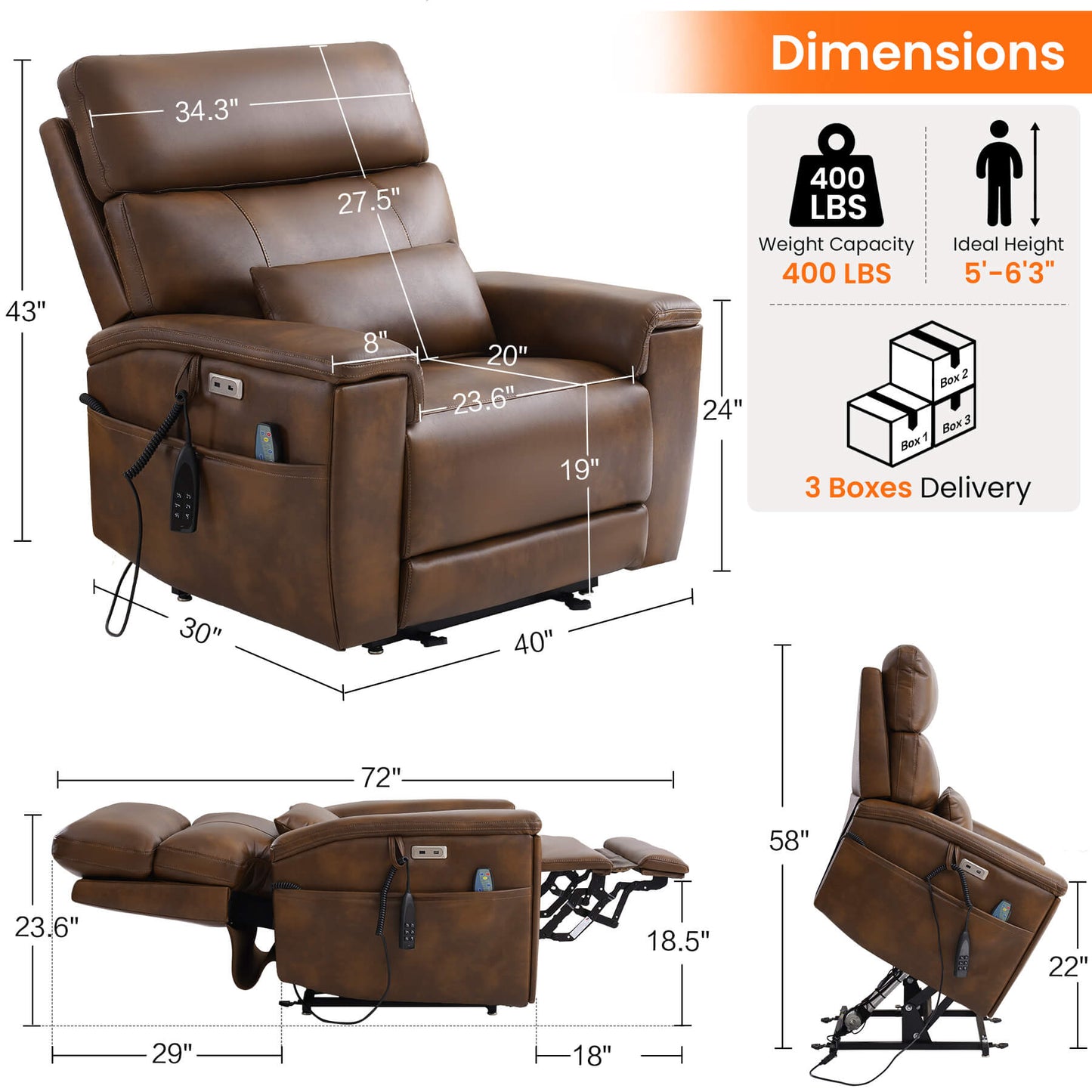 Ochre infinite position power recliner chair size, Overall dimensions: 40 x 30 x 43 inches, weight capacity: 400 lbs, ideal height: 5' - 6'3", packed in 3 boxes.
