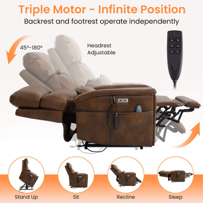 Ochre recliner chair with remote control on a white background, highlighting features like triple motor, infinite position(45 to 180 degrees), and adjustable headrest.