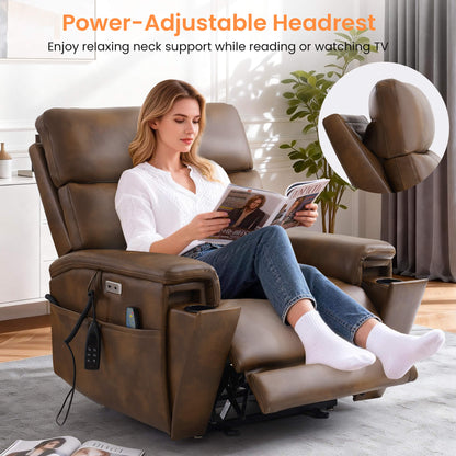 Woman relaxing in a ochre power-adjustable recliner chair with a power headrest.