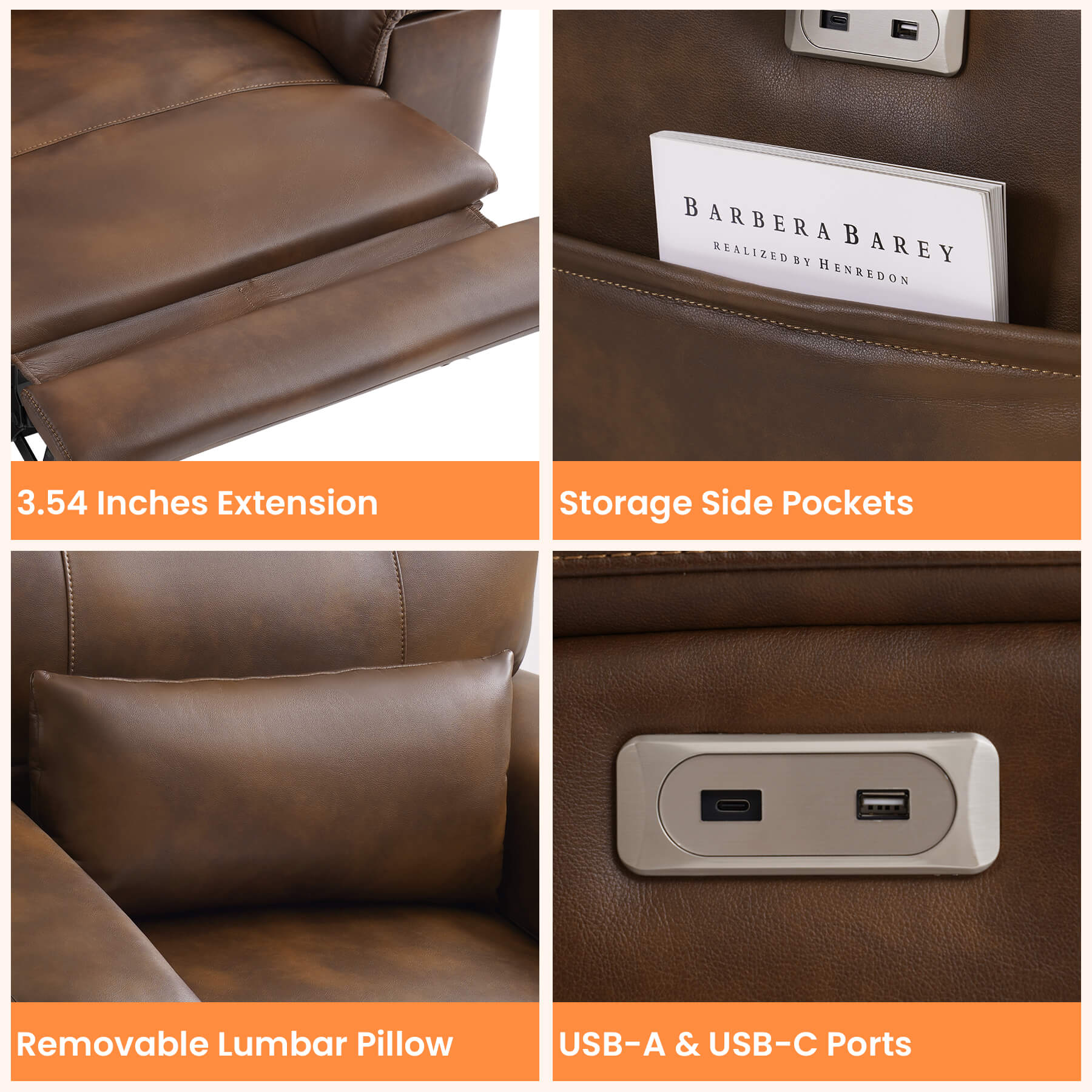 Features of the electric power recliner : 3.54 inches footrest extension, storage side pockets, lumbar pillow, and USB ports.
