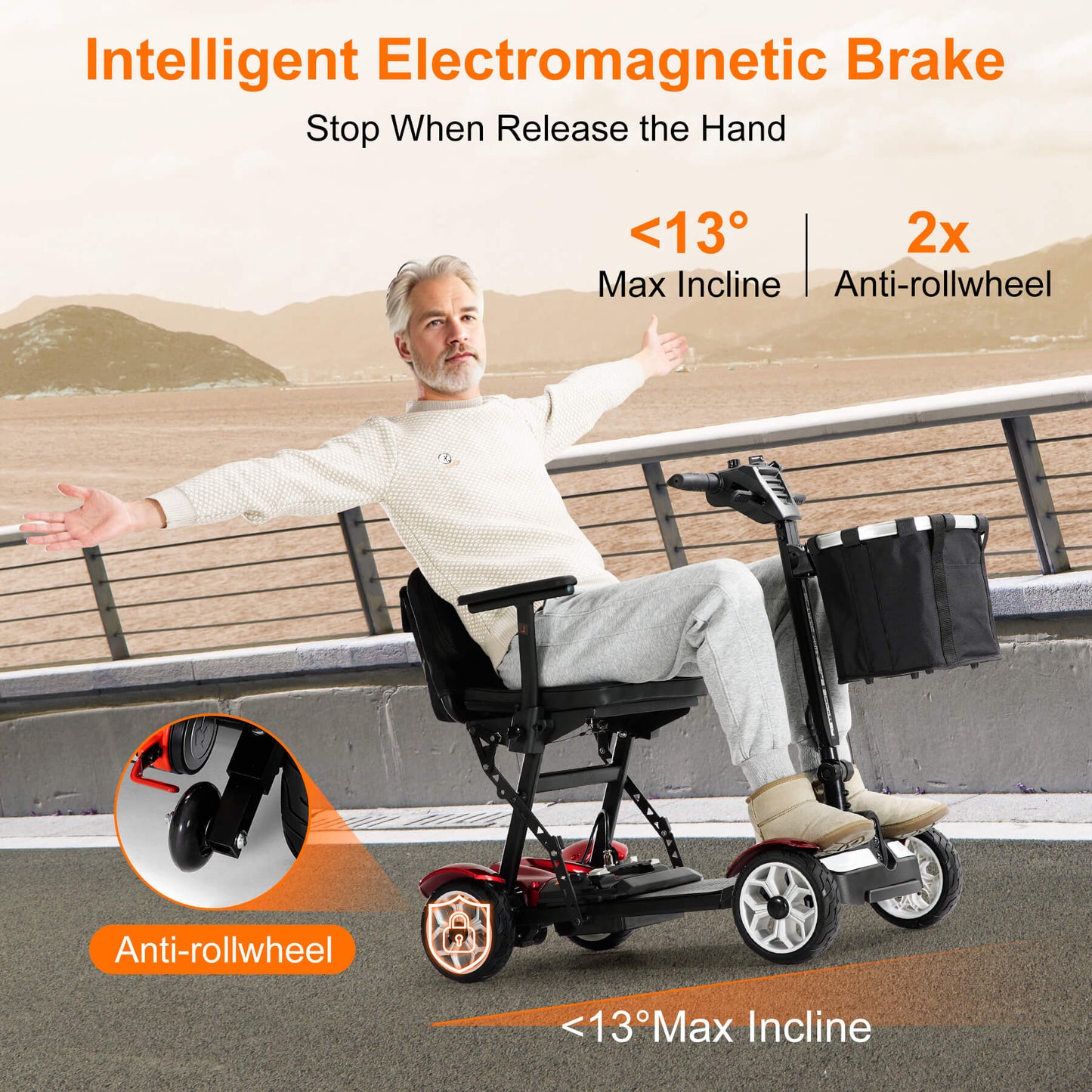 Intelligent electromagnetic brake: Stop when you release the handle. Maximum incline 13 degrees. Two anti-sway wheels at the rear.