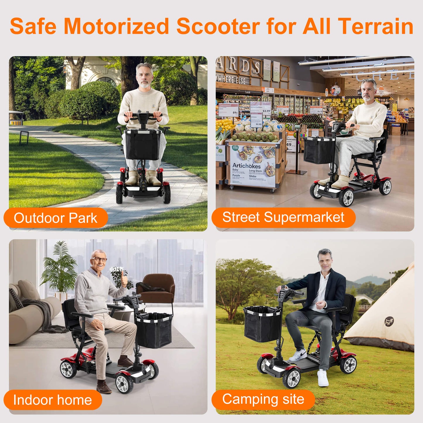 Safe motorized scooter for all terrains, like outdoor park, street supermarket, indoor home, camping site.
