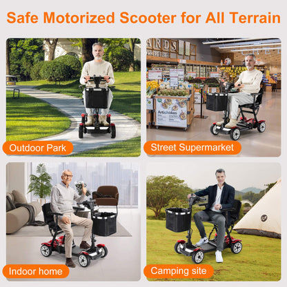 Safe motorized scooter for all terrains, like outdoor park, street supermarket, indoor home, camping site.