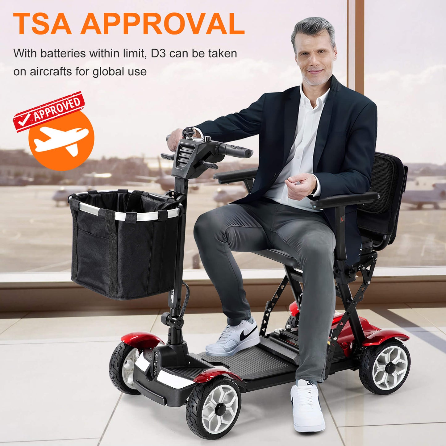 This mobility scooter is TSA approved and supports airline carry-on.