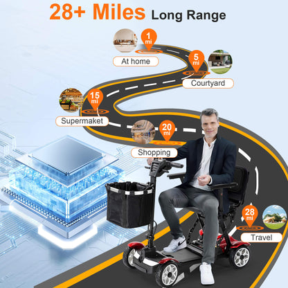 This electric mobility scooter has up to 28 miles of driving range and can be used at home or out shopping or traveling.